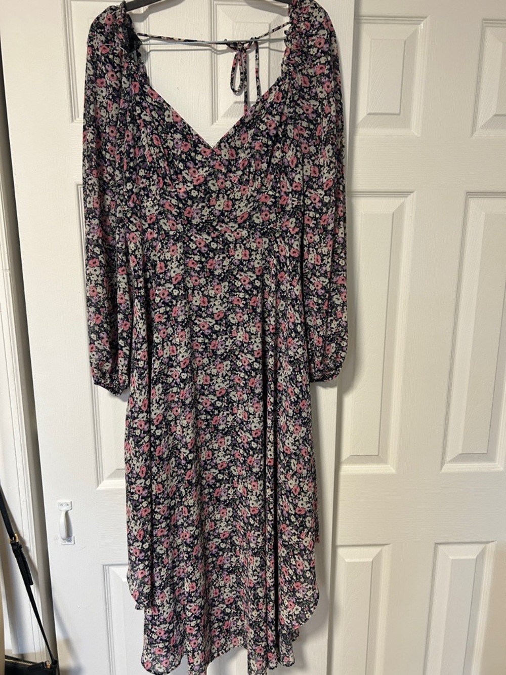 ASTR Floral Long Sleeve Midi Dress - Black with Pink & White Flowers